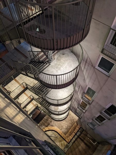 Spiral stairs between north and south towers